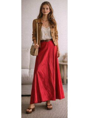 Vintage Red Maxi Skirt XS | Silky Bias Cut Minimalist 90s Carolyn Bessette Style